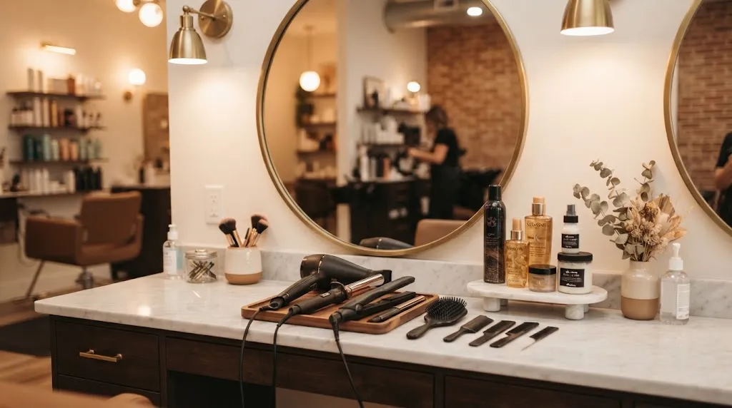 Professional salon setting showing hair care and maintenance tools for a box cut hairstyle