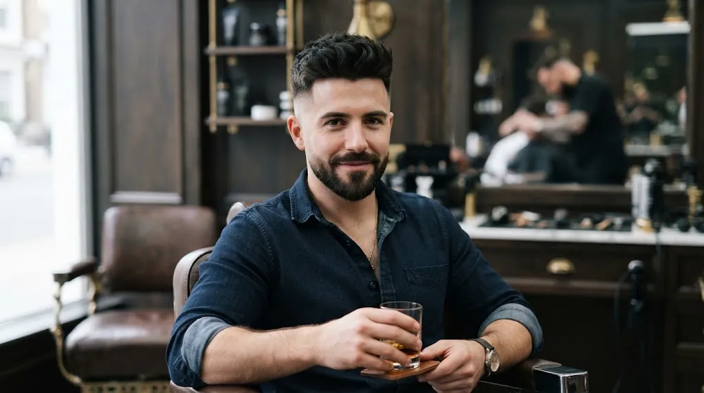 Man with a big head and round face shape wearing a modern textured crop haircut with high skin fade for a slimming effect