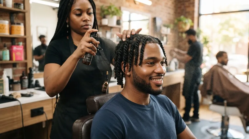 Young Black man demonstrating a weekly hair care routine, moisturizing and maintaining clean two-strand twists.
