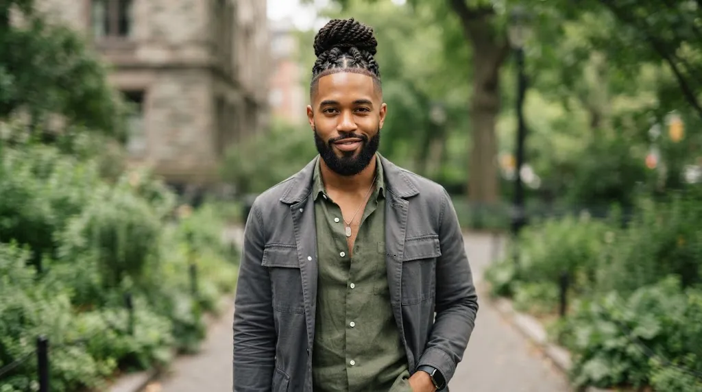 A stylish Black man wearing long two-strand twists styled in a half-up man bun with a clean fade and beard for a versatile, modern look.