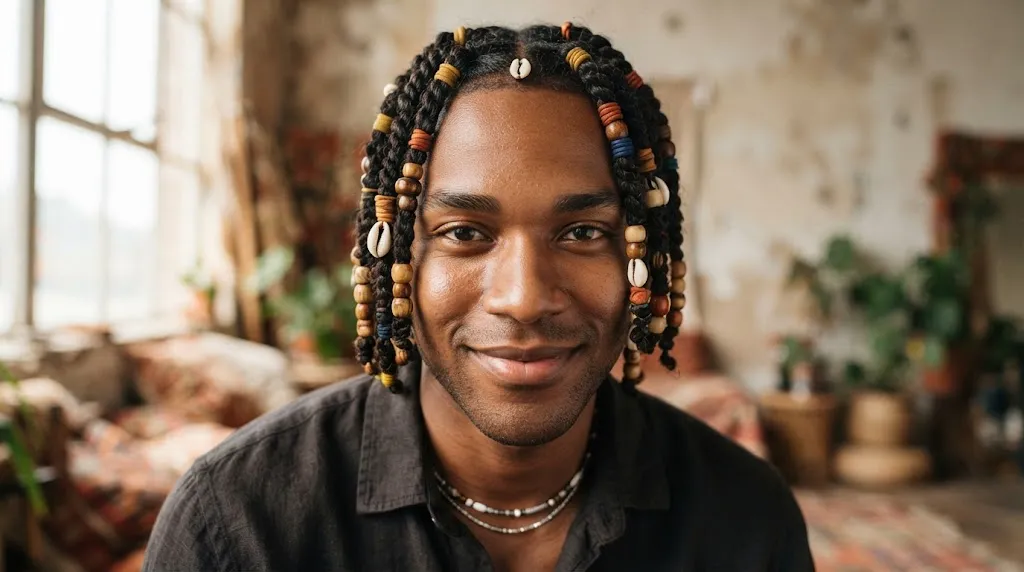 Close-up of a Black man with two-strand twist hairstyle decorated with wooden beads and elastics