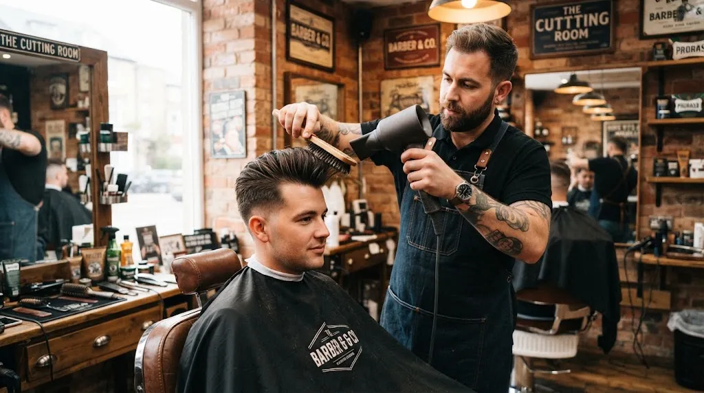 Professional barber blow-drying and styling a short pompadour haircut for maximum volume and lift