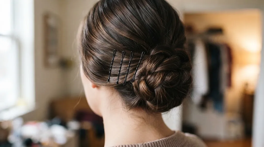 Close-up view of bobby pins neatly visible in a styled Indian hairstyle