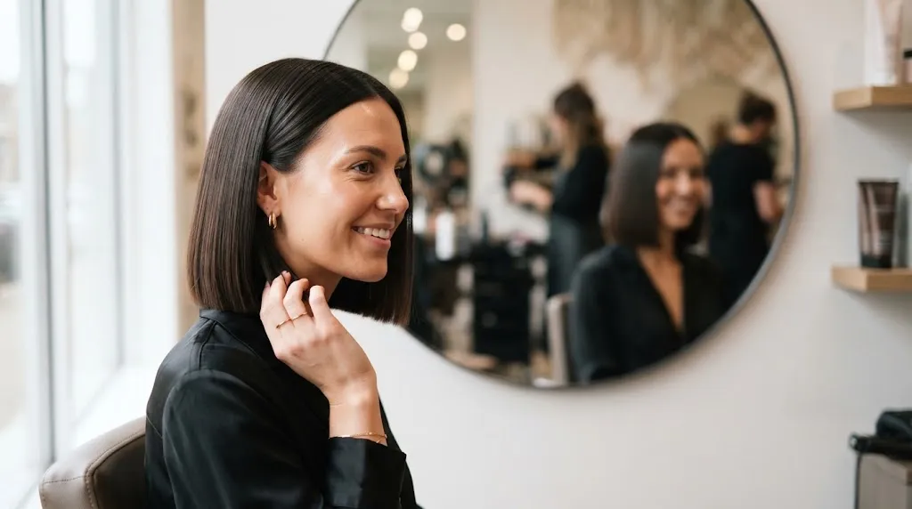 A stylish woman with a chin-length box bob haircut showing a clean, well-structured perimeter to prevent a triangular shape.