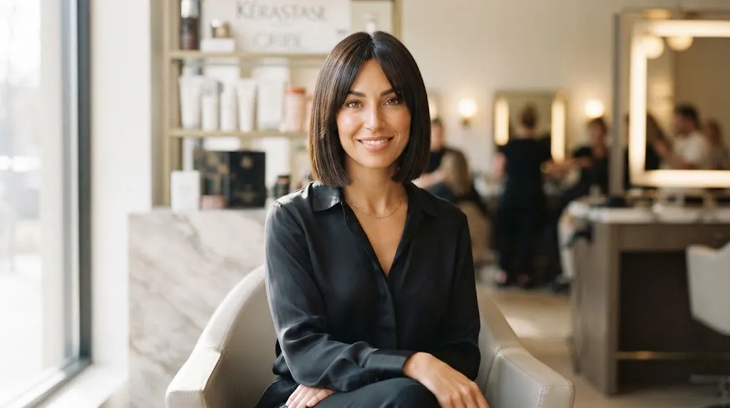 A woman with a stylish box bob haircut and chin-length perimeter that frames her face and balances facial width