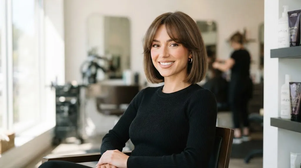 A stylish woman showcasing a chic chin-length box bob haircut with soft curtain bangs framing her face.