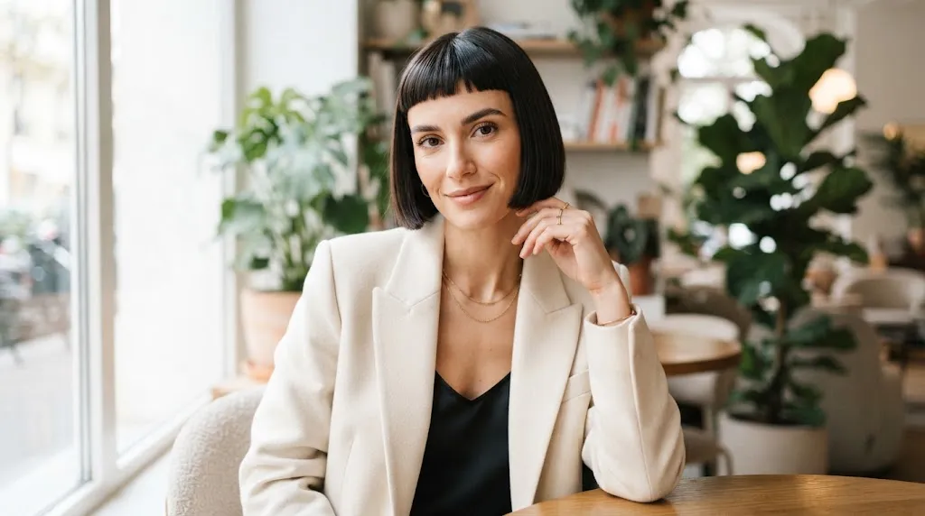 A stylish woman with a modern box bob haircut and short micro bangs framing her face