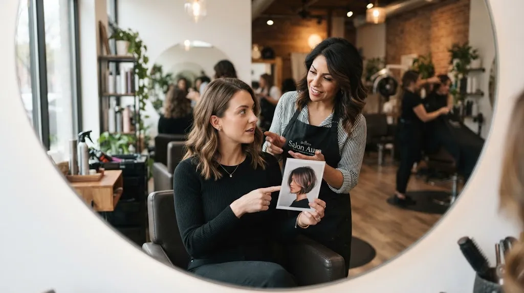 A client in a modern hair salon consulting a stylist with a reference photo for their box cut hairstyle