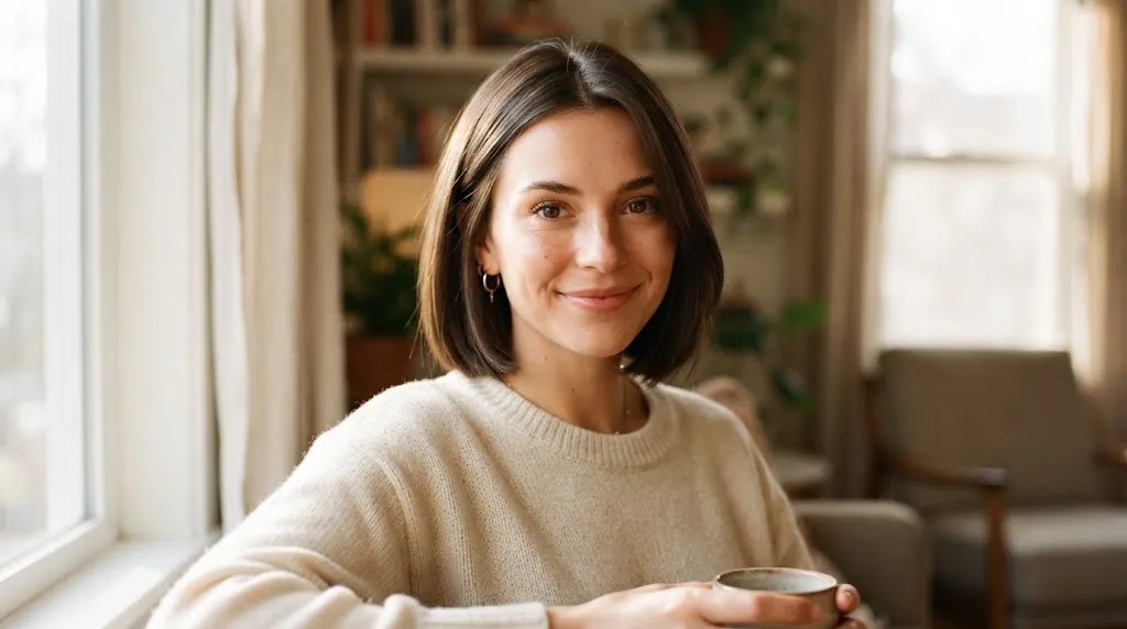 A stylish woman with a heart-shaped face showcasing a structured box bob haircut with soft framing