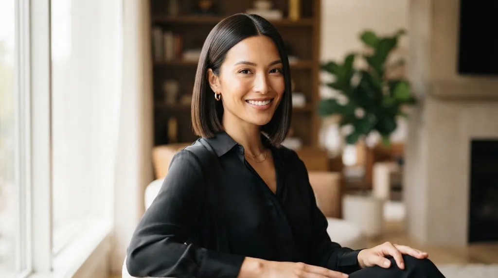A stylish chin-length box bob haircut balancing a long or oblong face shape with beautiful natural lighting.