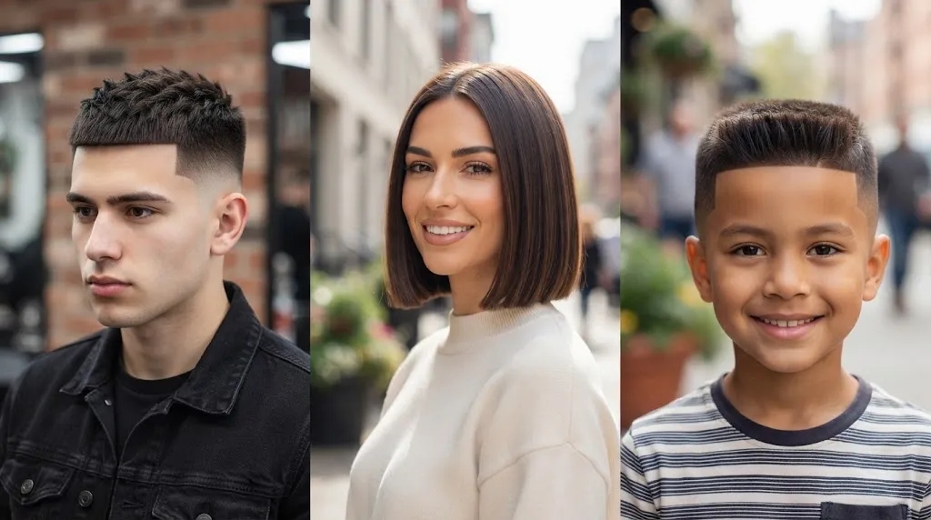 A composite image displaying three distinct box cut hairstyles: a woman with a sleek box bob, a man with a textured box top and fade, and a boy with a neat box cut.