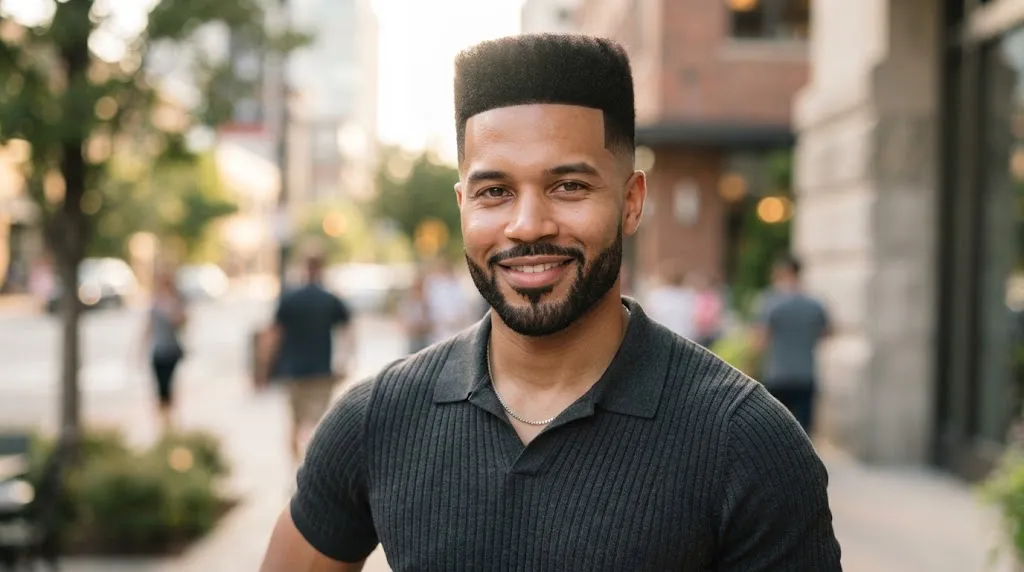A person with a square face shape displaying a stylish and structured box cut hairstyle with clean geometry and soft framing.