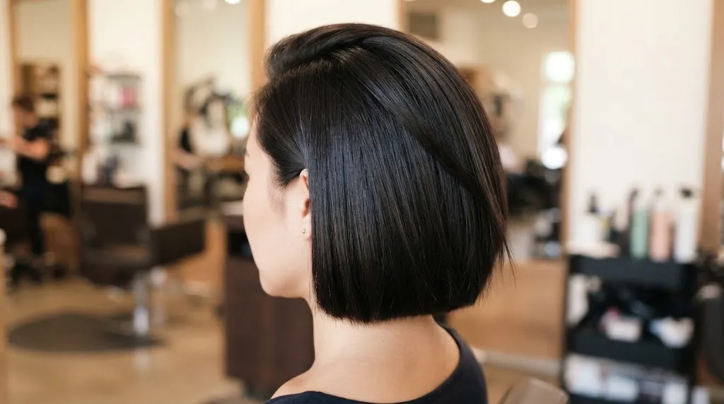 A professional photo of a structured box cut hairstyle designed specifically for thick hair, showing a smooth, voluminous, and clean geometric shape.