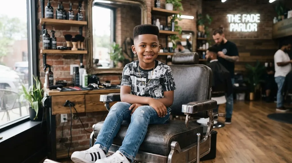 A young boy showcasing a clean, sharp box fade hairstyle with a structured top and neatly faded sides in a modern setting.
