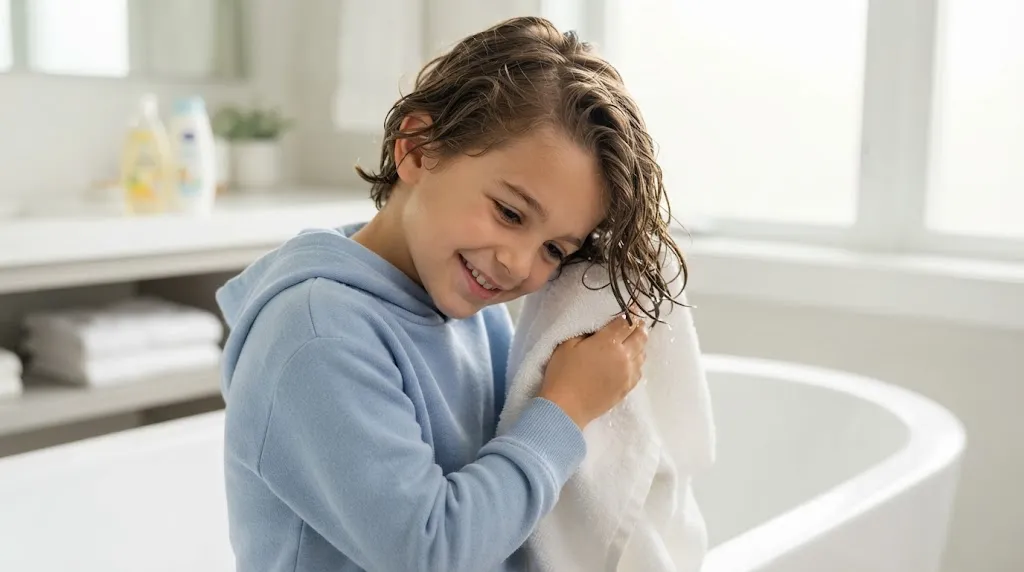 A happy young boy gently towel-drying his freshly washed, healthy wavy hair in a bright bathroom.