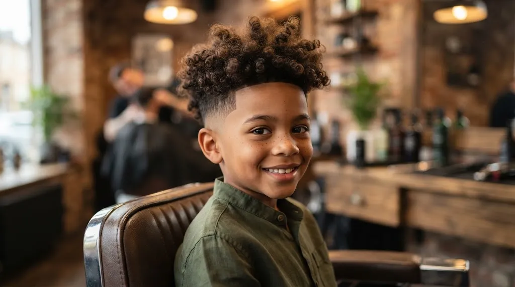 A young boy with a stylish curly crop hairstyle featuring bouncy natural curls on top and a clean skin fade on the sides.