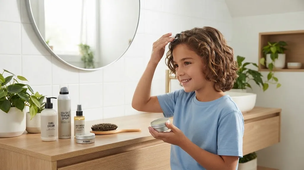 A young boy applying styling paste and hair products to his wavy hair in front of a bathroom mirror
