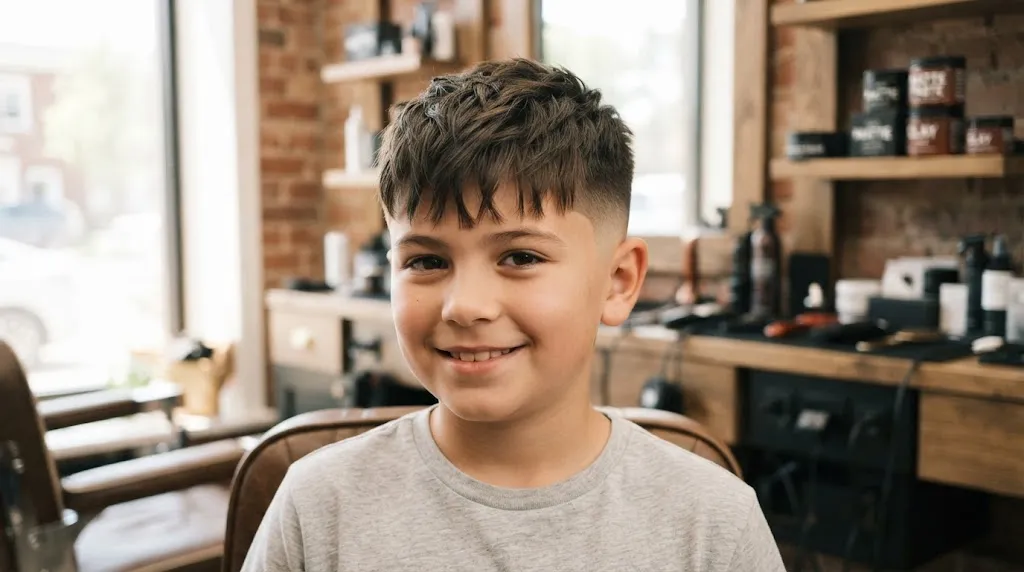 A young boy smiling in a barbershop, showcasing a stylish textured crop haircut with a neat low fade on the sides.