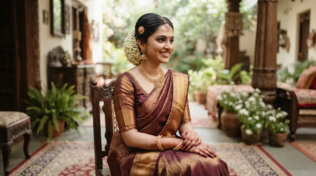 A beautiful Indian hairstyle featuring a classic braided bun decorated with fresh white gajra flowers for weddings and traditional sarees.