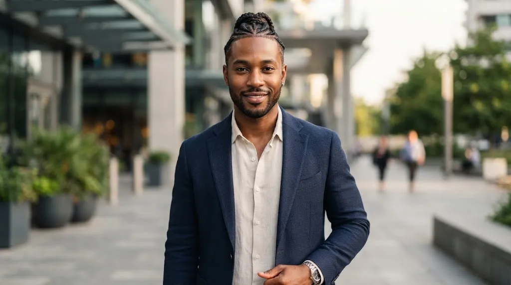 Modern braided ponytail hairstyle for men with clean faded sides and sharp styling