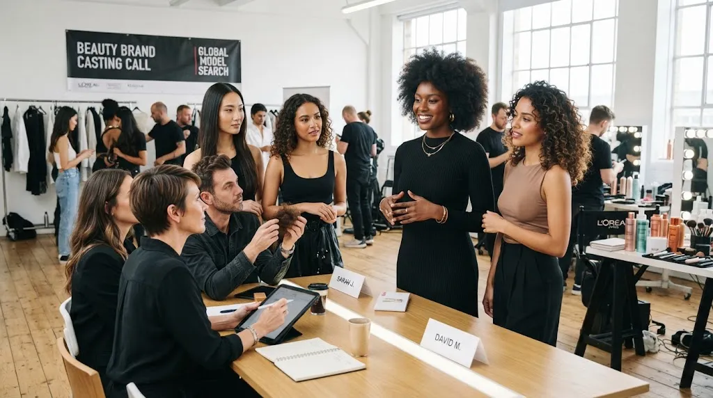 Diverse hair models presenting their hair at a professional beauty brand casting call event in a modern studio.
