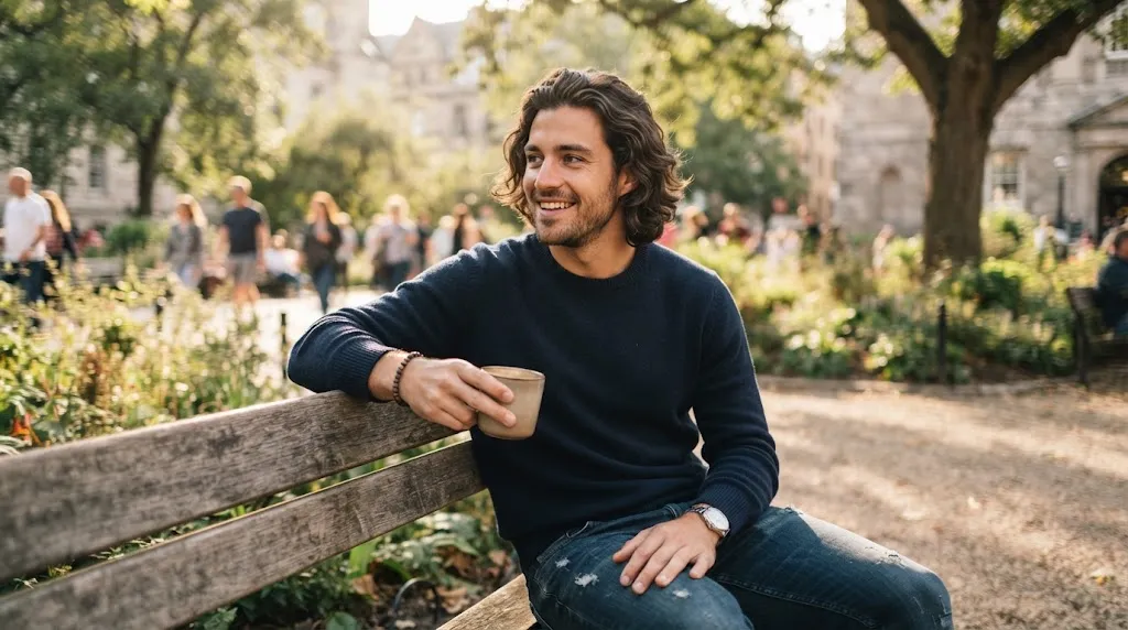 A handsome man with medium-length wavy hair styled in a natural effortless bro flow haircut outdoors