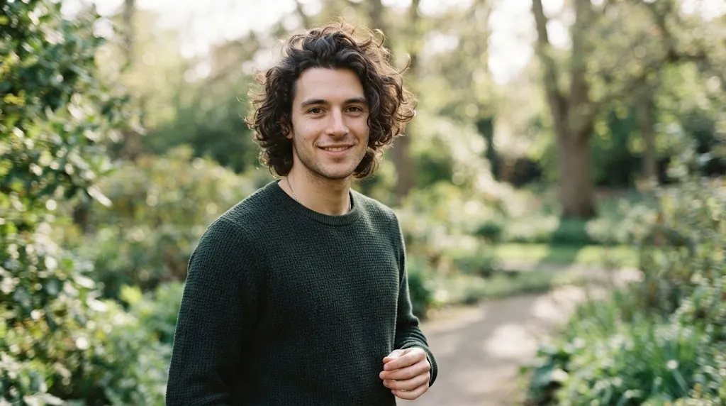 A young man with natural curly hair styled in a relaxed bro flow haircut, showing volume and texture.