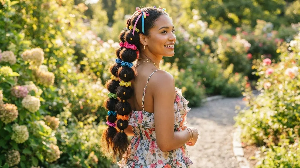 A stylish and voluminous bubble braid hairstyle on long hair outdoors in summer sunlight