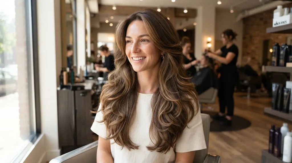 A woman with beautiful long cascading layers hairstyle showing smooth movement and volume