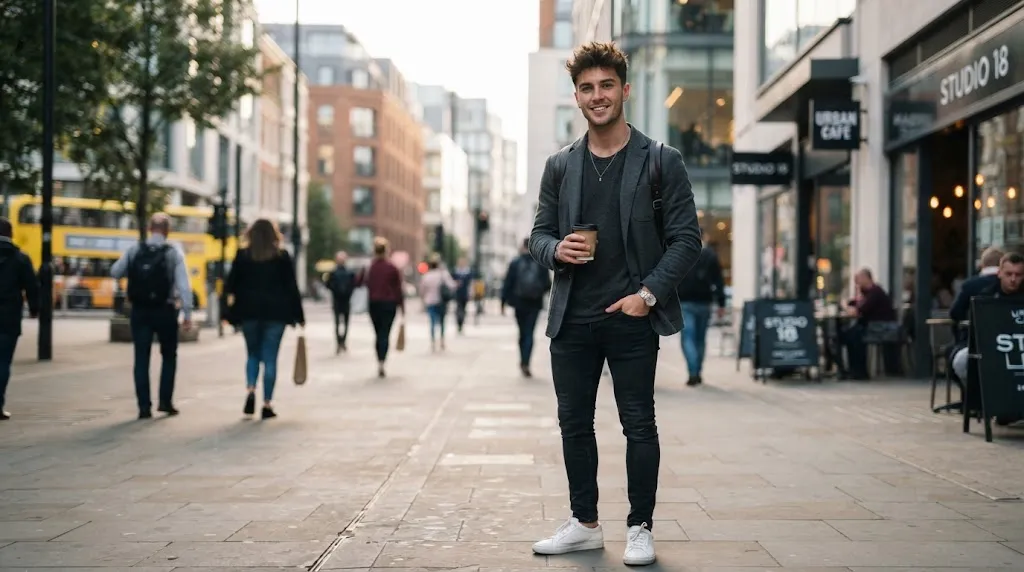 A stylish man showcasing casual messy spikes haircut with textured volume on top and tapered sides for a round face shape.
