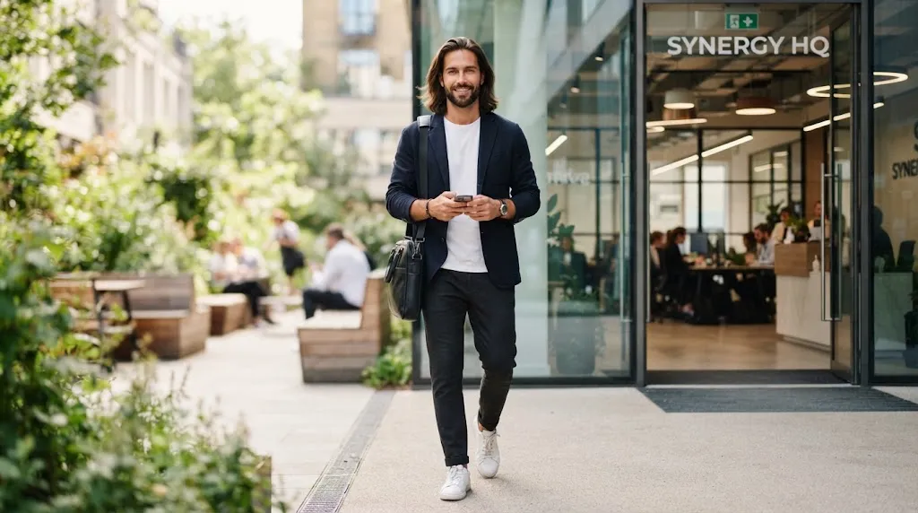 A well-groomed man with stylish long hair and a neat beard demonstrating how to transition from a casual look to a professional setting.