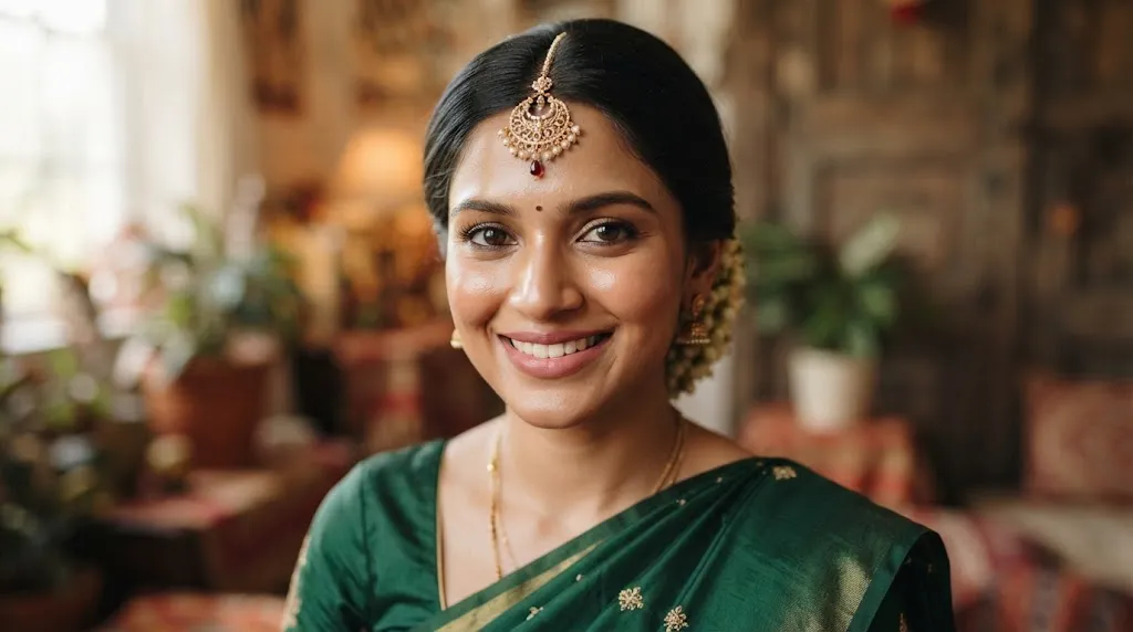 Elegant Indian woman wearing a centre-parted low bun hairstyle decorated with a traditional maang tikka