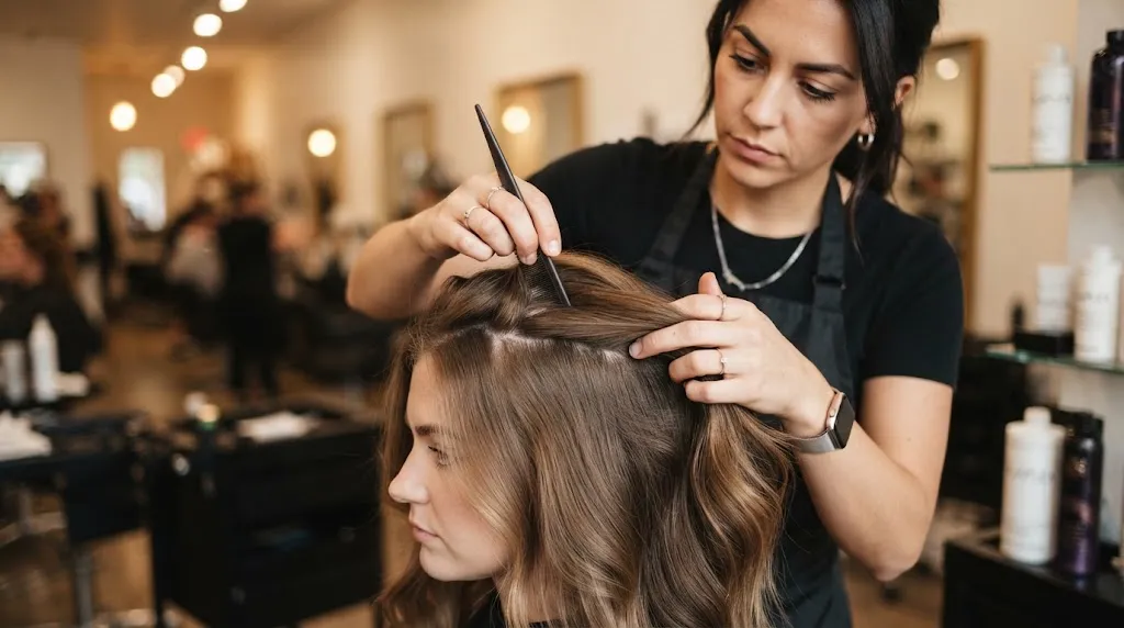 Professional hairstylist examining hair thickness and density during a consultation in a bright salon
