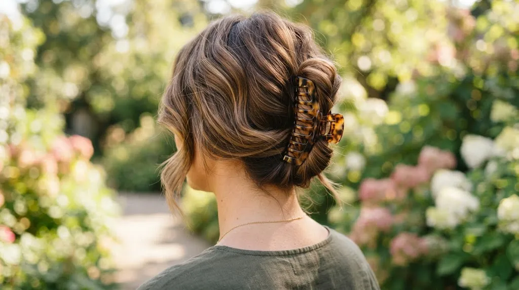 A stylish woman wearing a modern claw clip updo keeping long hair secure and cool for summer.