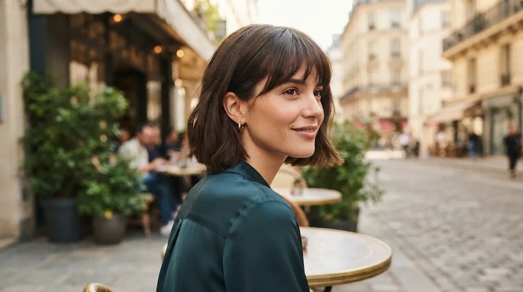 A stylish woman with a chin-length French bob haircut and soft bangs sitting at a Parisian cafe.