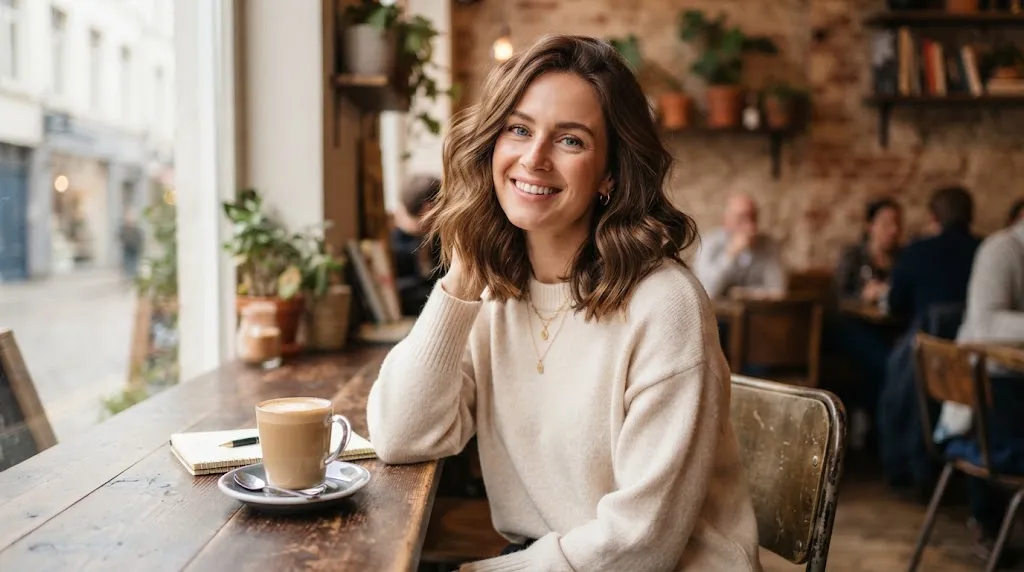 A stylish woman with a shoulder-grazing midi cut hairstyle sitting in a sunlit cafe, showcasing soft movement and natural texture.