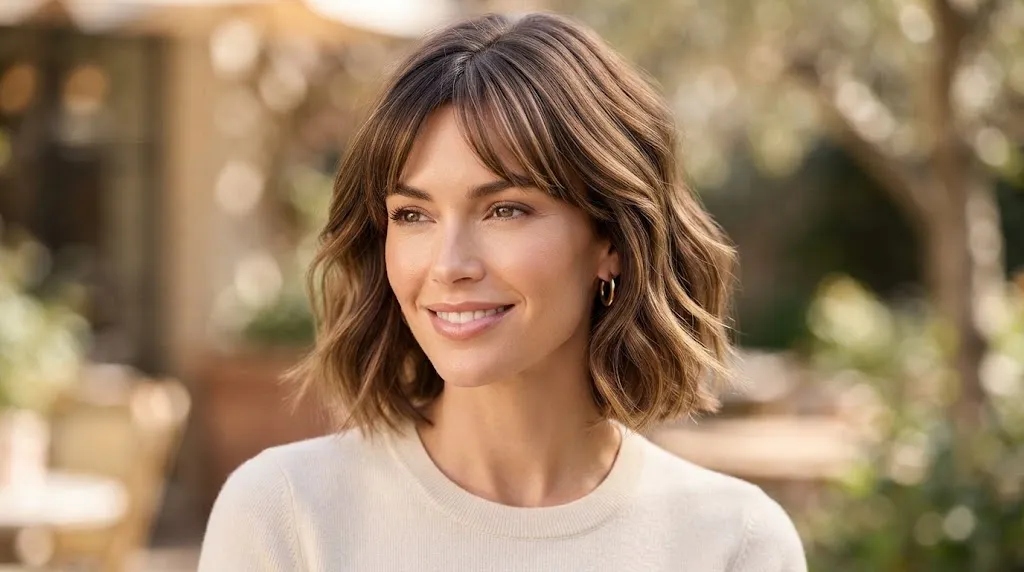 A woman with a heart-shaped face smiling, wearing a chin-length layered bob with soft waves and side-swept fringe.