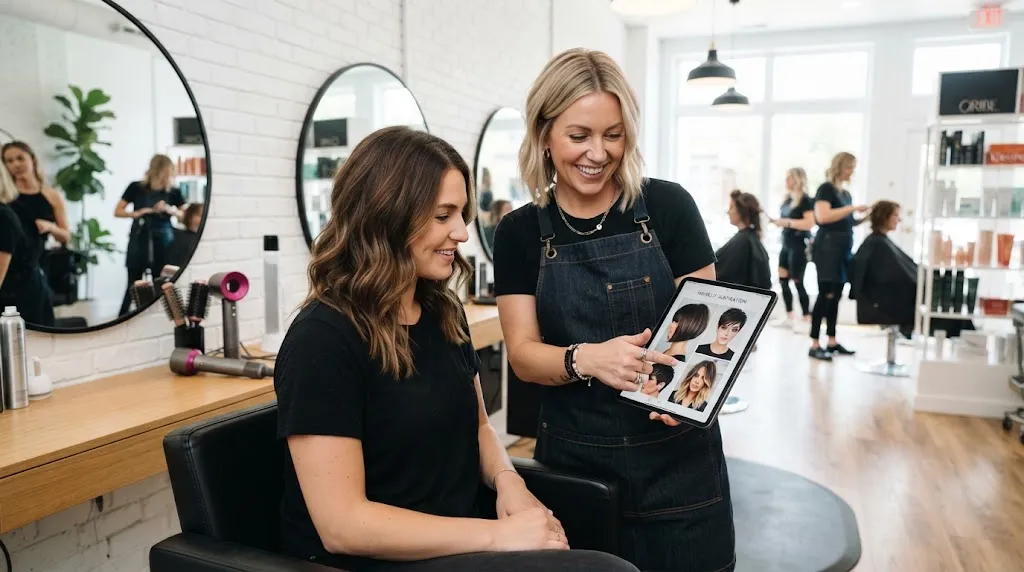 A client and hair stylist reviewing haircut reference photos and styles on a tablet in a modern salon