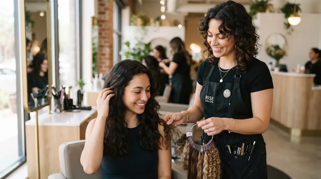 A stylist and client in a modern salon comparing reference photos to match hair texture accurately.