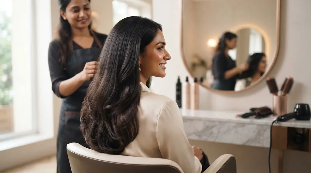 Beautiful, healthy thick Indian hair styled with professional U-cut, V-cut, and step cut techniques in a salon