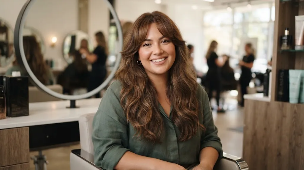 A confident woman with a fuller face showcasing a long layered haircut with curtain bangs that slim and elongate her features.