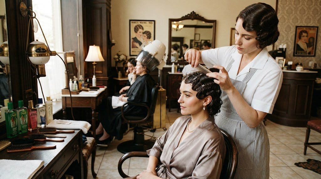 Professional hair stylist creating classic 1920s vintage finger waves on a client in a retro salon