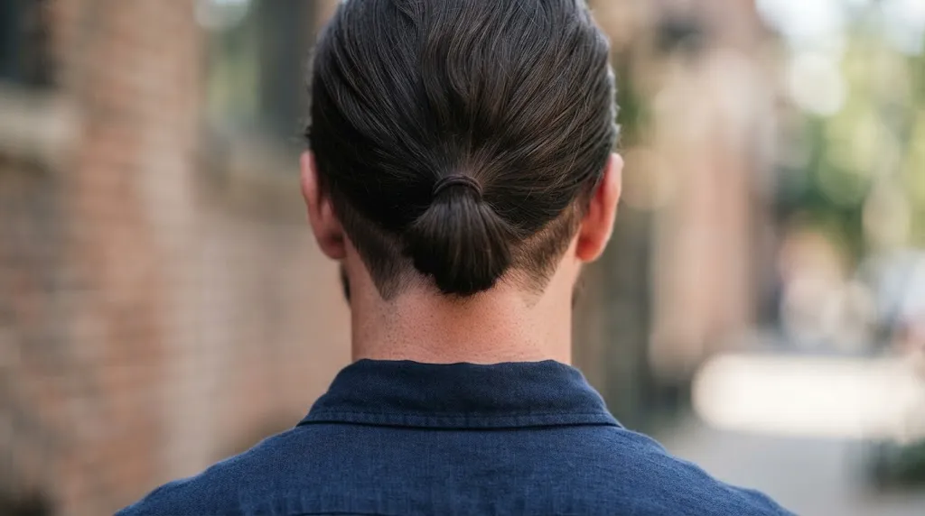 Back-angle close-up shot of a man wearing a clean, low classic back tail hairstyle with a tapered neckline