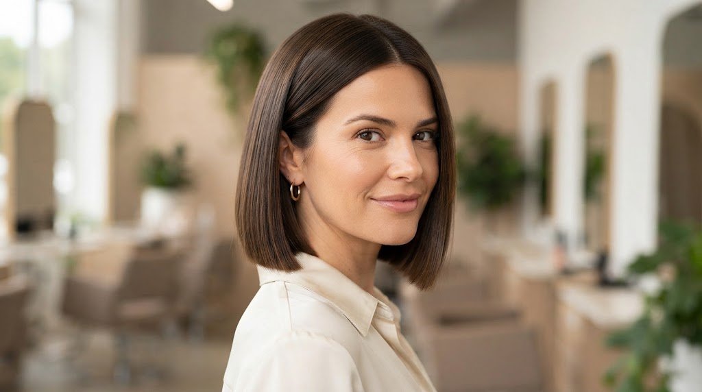 A woman with a sharp, dark brown classic blunt bob haircut smiling in a bright salon.