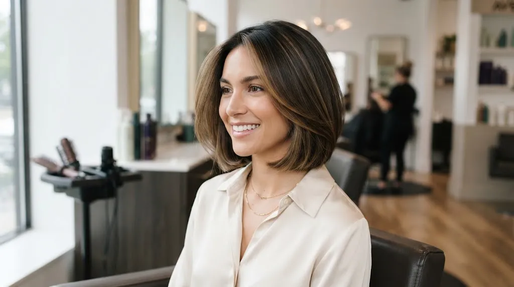 A professional salon photo showcasing a stylish classic bob with soft layered cut and natural movement for women