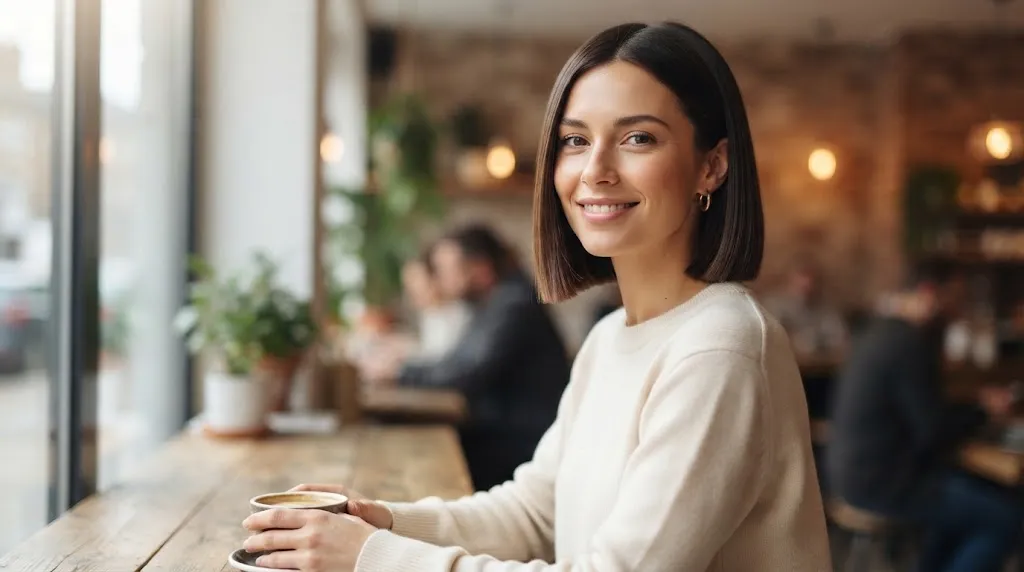 A woman with a sleek, chin-length classic box bob haircut smiling in a cafe.