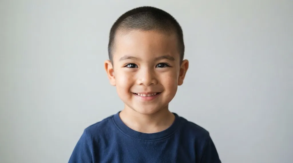 Front-facing portrait of a 4-year-old boy with a clean classic buzz cut hairstyle in natural daylight