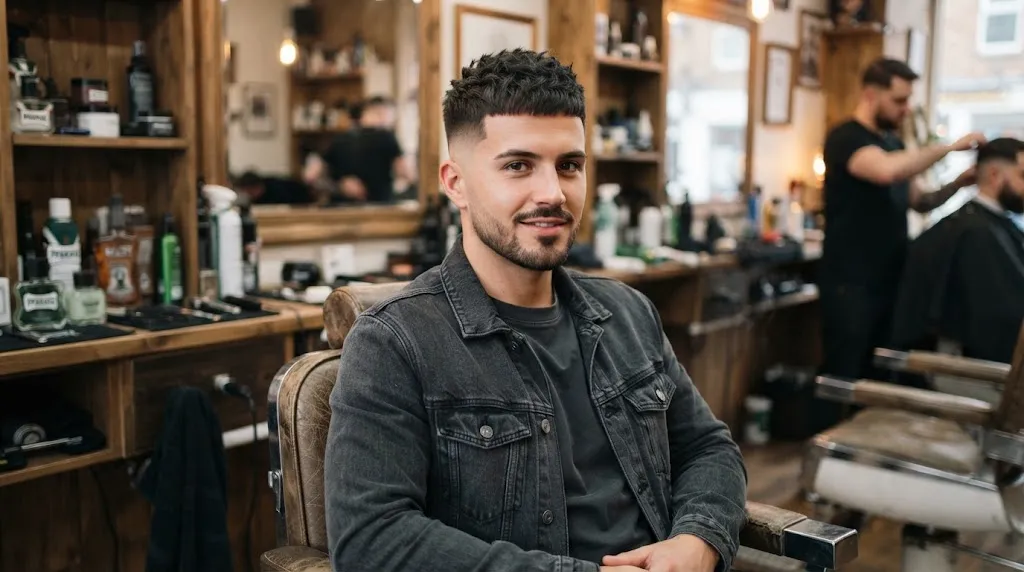 Professional photo of a man with a stylish crew cut haircut featuring short sides and a textured top