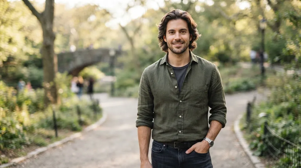 A man showcasing a classic medium-length flow hairstyle with soft layers sweeping back naturally