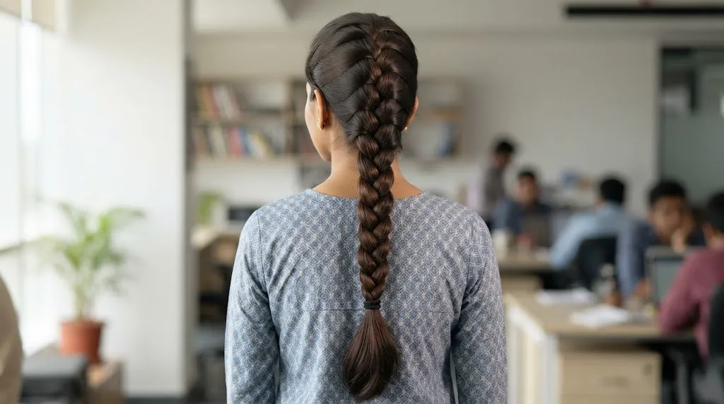 A rear view of an Indian woman with long, dark brown hair styled in a neat, intricate Classic French Braid, wearing a blue patterned kurta in a professional office setting.